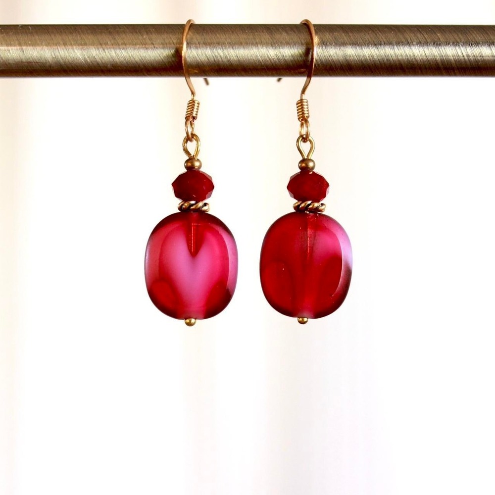 Handmade Ruby Red Czech Glass Dangle‎ Drop Earrings Boho Cottagecore Fairycore